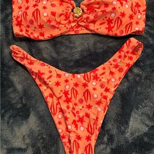 Orange Floral Print Bandeau Bikini Set - Vibrant Orange Swimwear